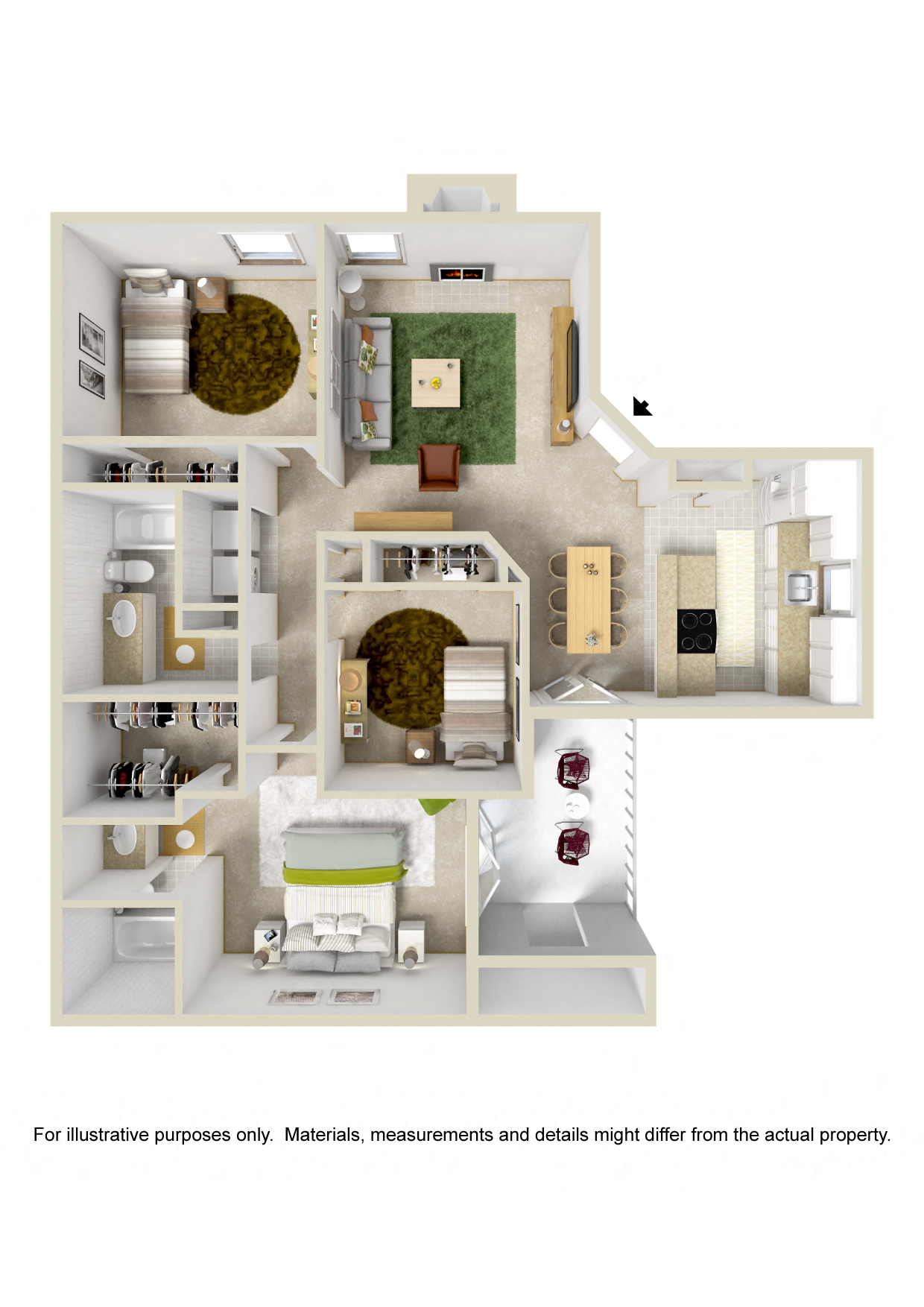 Floor plan for 3 beds, 2 baths, 1200 sqft